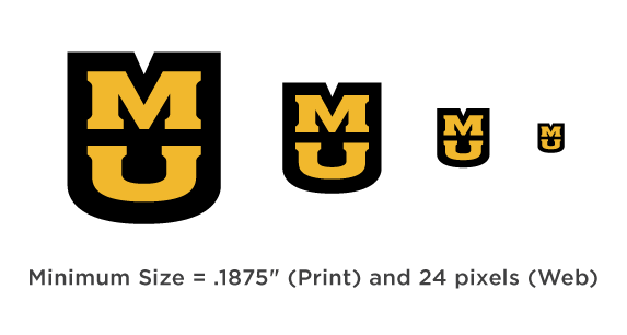 Stacked MU with black shield and gold "MU" at varying sizes to show minimum size. Gray text says "Minimum size = .1875" (print) and 24 pixels (web)"