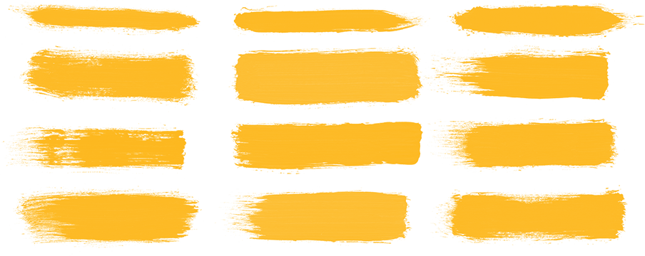 Twelve different versions of the Mizzou brand paint strokes, shown in gold.