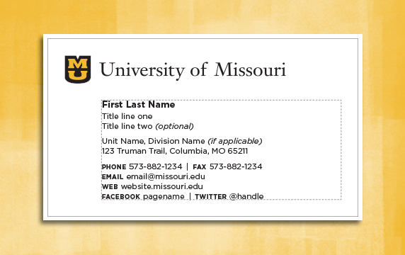 Graphic showing a Mizzou business card setup.
