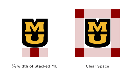 Red boxes show 1/3 the Stacked MU graphic which consists of a black shield and gold stacked "MU". The red boxes are then shown in each corner of the Stacked MU to indicate clear space around the graphic.