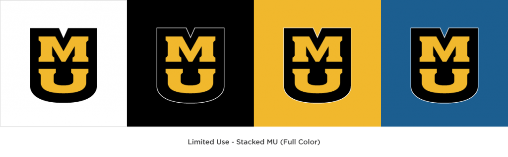 Stacked MU logo consisting of a white outline, black shield, and gold "MU" on different color backgrounds to show approved color variations.