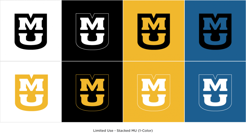 One-color stacked MU logo consisting of an outline, black shield, and "MU" on different color backgrounds to show approved color variations.