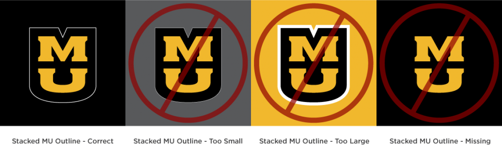 Four stacked MU's on different color backgrounds with different sizes of white outline around the black shield showing proper outline size.