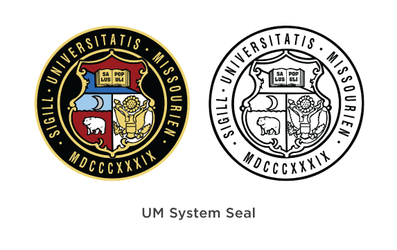 Two versions of the University of Missouri System Seal, full color and detail and simple outline.