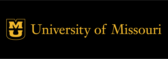 University of Missouri signature on black background with black shield with gold outline and gold stacked 