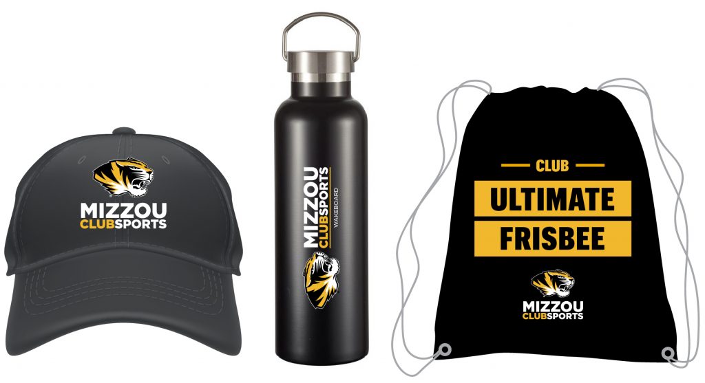 Examples of Mizzou Club Sports products such as hats, water bottles and bags that meet university guidelines.