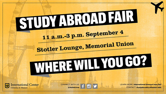 Brand showcase example of a study abroad fair flyer for the International Center.