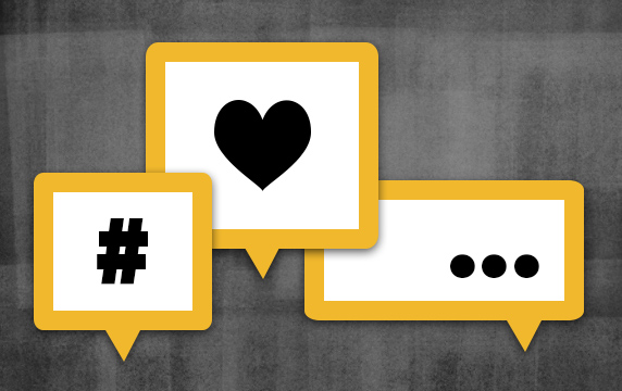 Graphic with three speech bubbles, each one filled with a hashtag, heart, and ellipses.
