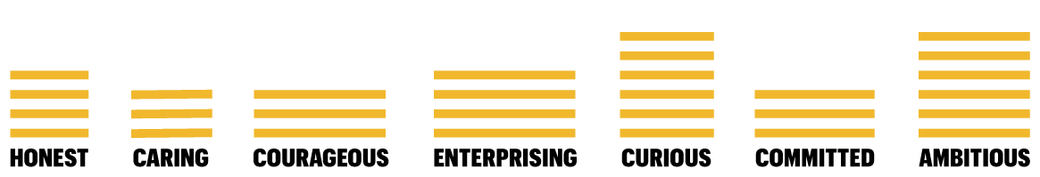 Graphic showing the Mizzou tone words and bars above to indicate the level of which each word is emphasized in the copy.