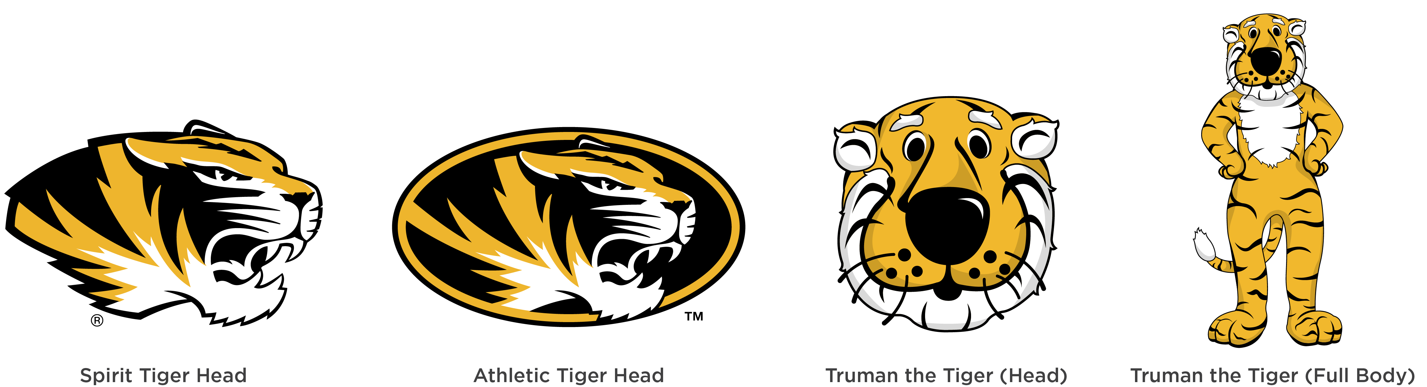 University of Missouri marks: Athletic Mark, Spirit Tiger Head, Truman the Tiger head, Truman the Tiger full body