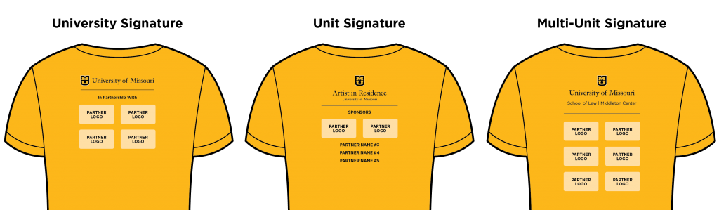 Three t-shirt examples using the University, unit and multi-unit signature with partner logos