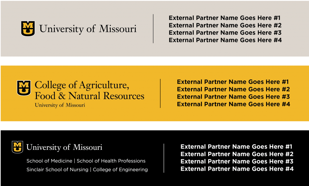 Three examples of using a University, unit and multi-unit signature with external partner names separated by a line