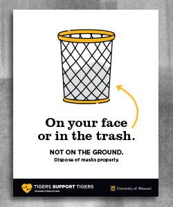 Graphic asking to throw face masks in the trash, not on the ground.