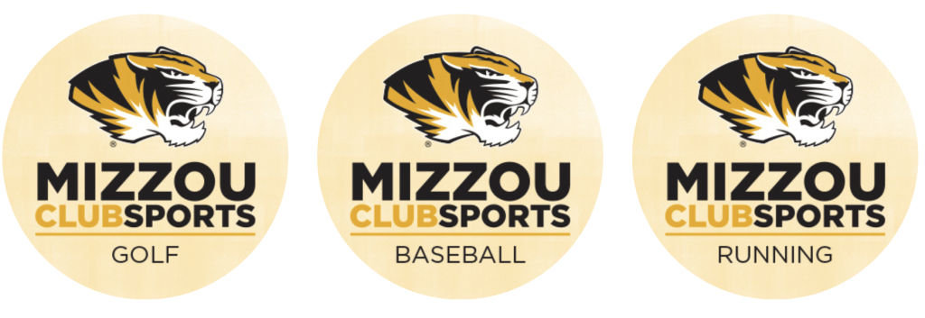 Three circular graphics with the spirit tiger head and text Mizzou Club Sports for Golf, Baseball and Running 