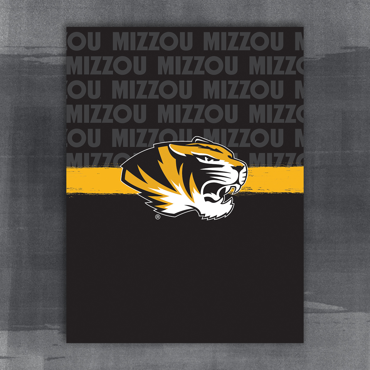 9x12 Pocket Folder. Black and grey MIZZOU with a gold stripe and spirit tiger head.