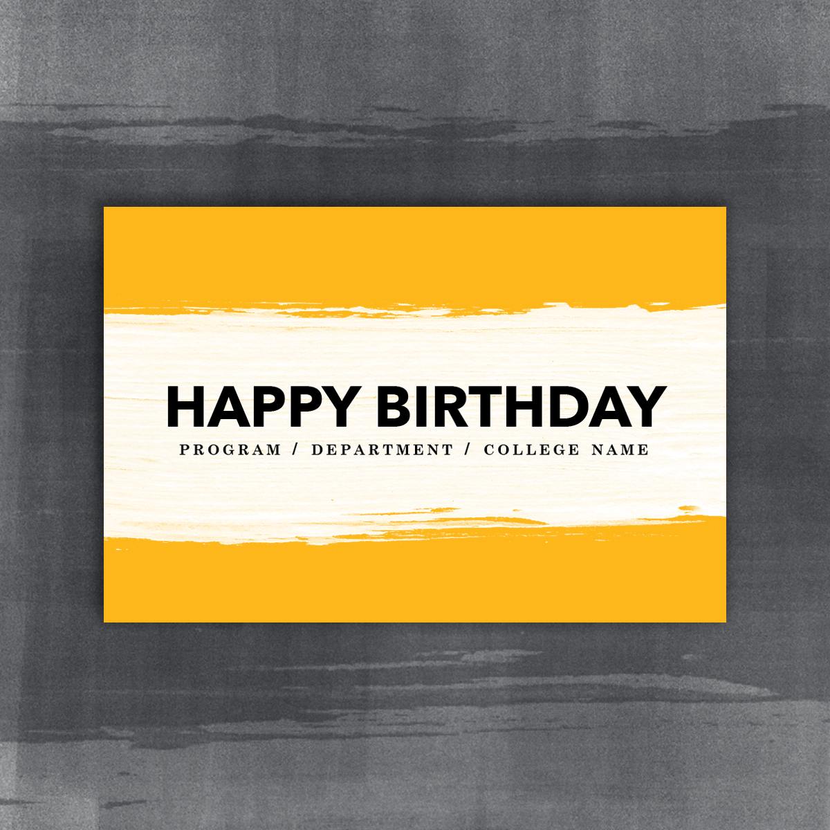 Card with a Happy Birthday message. White paint stripe on gold background