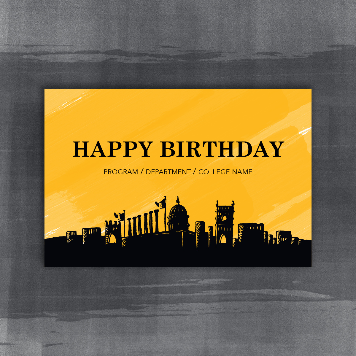 Card with a Happy Birthday message. Gold background with a sketched silhouette of Mizzous campus
