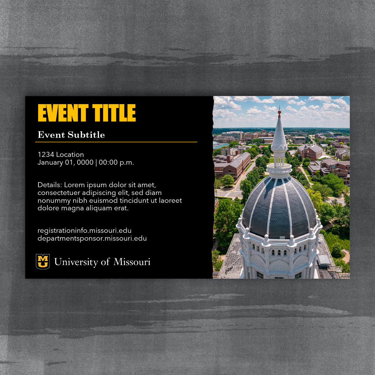 Event Announcement-Black background with page tear over a photo