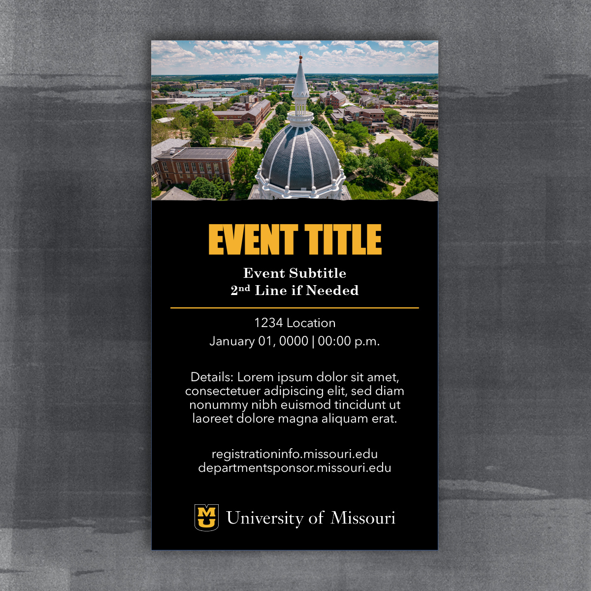 Vertical Event Announcement with a black background page tear over a photo