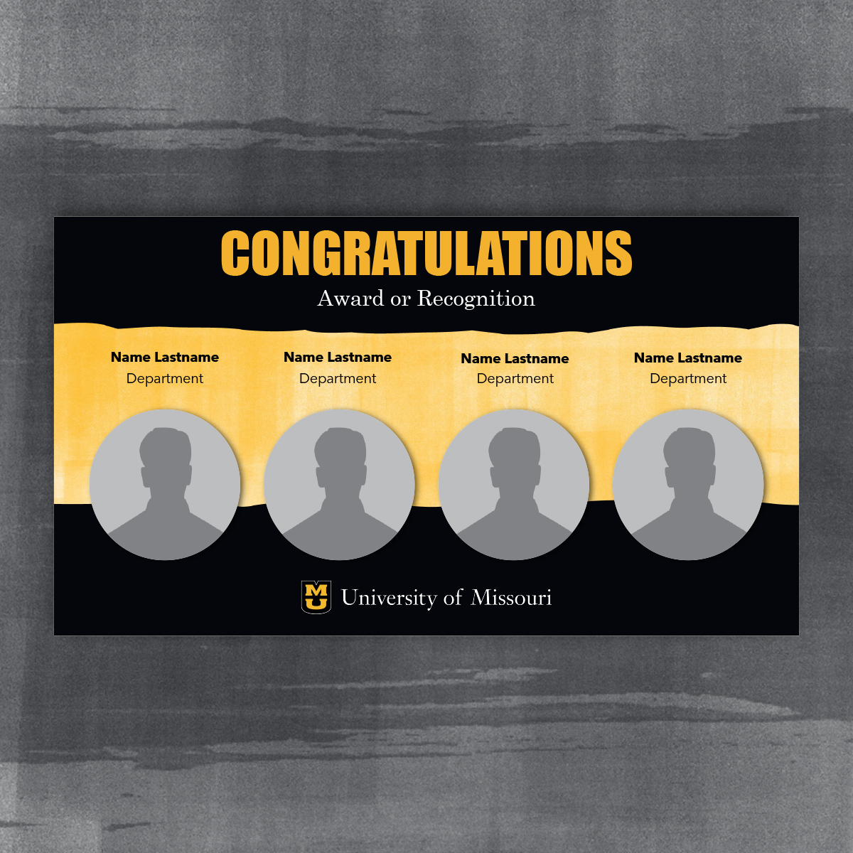 Congratulations slide for multiple circle portraits. Black page tears and gold background