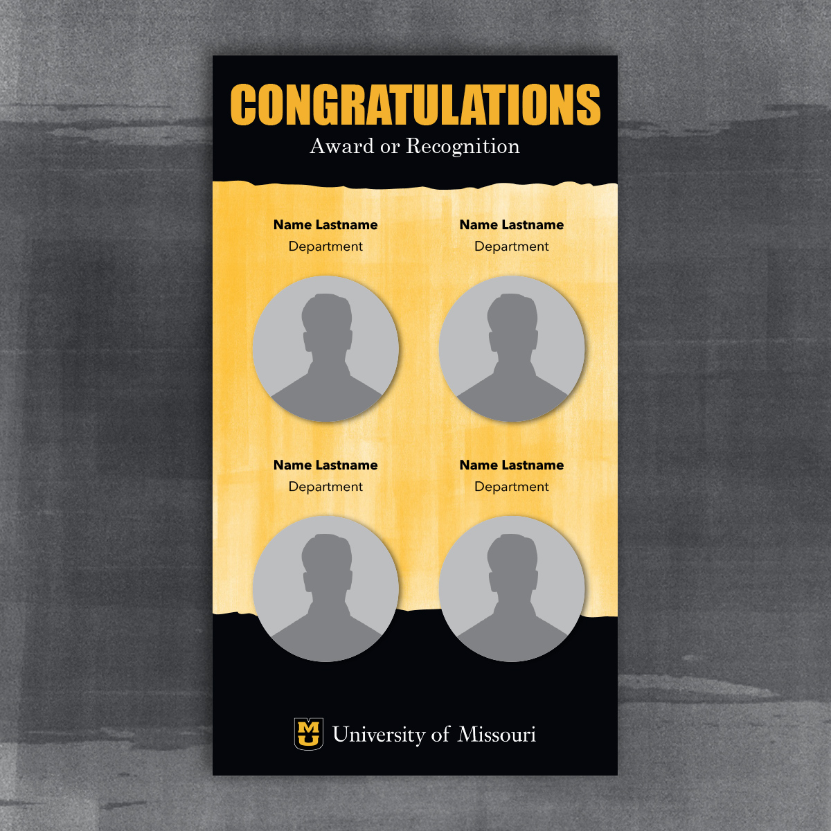 Vertical congratulations slide for multiple circle portraits. Black page tears and gold background