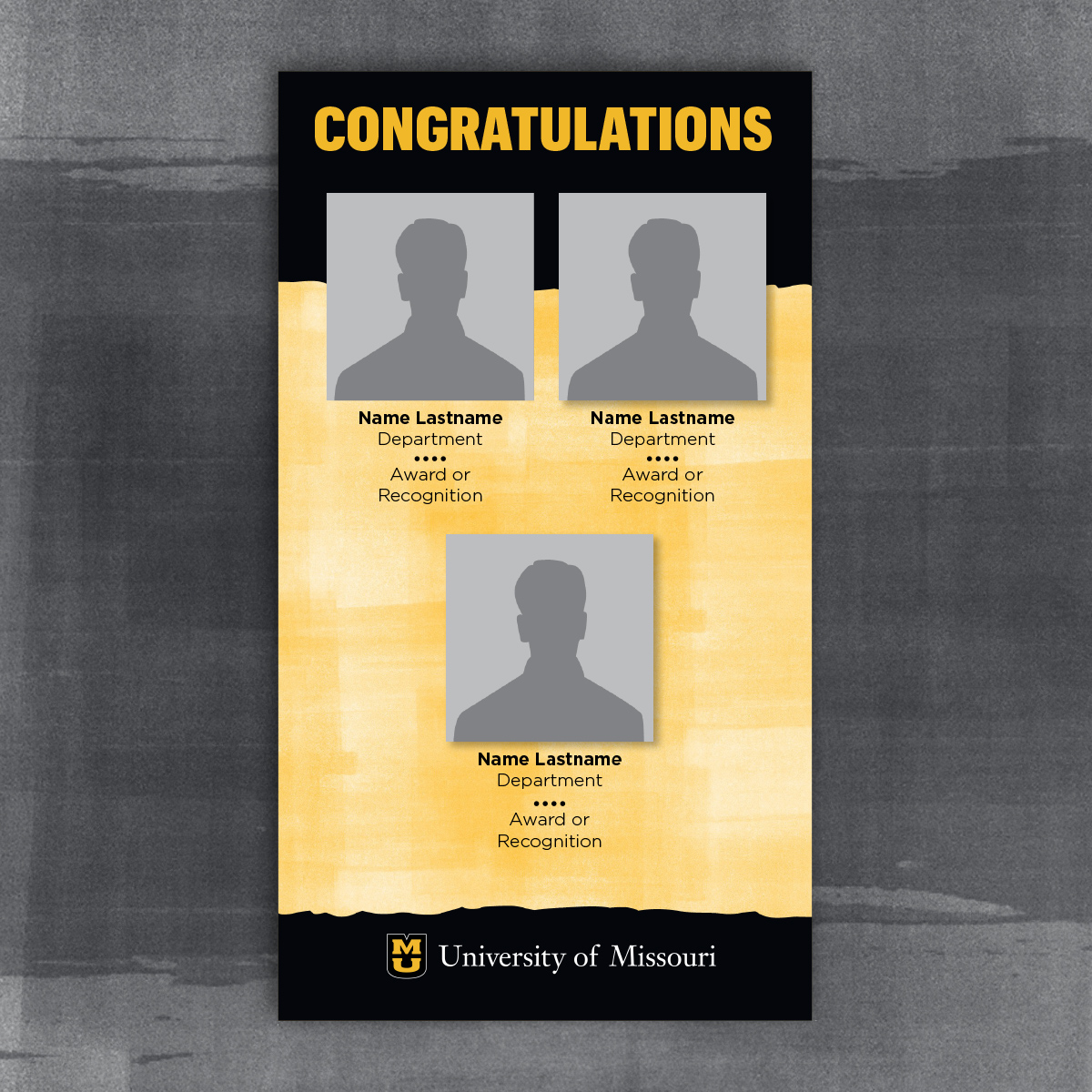 Vertical congratulations slide for multiple square portraits. Black page tears and gold background