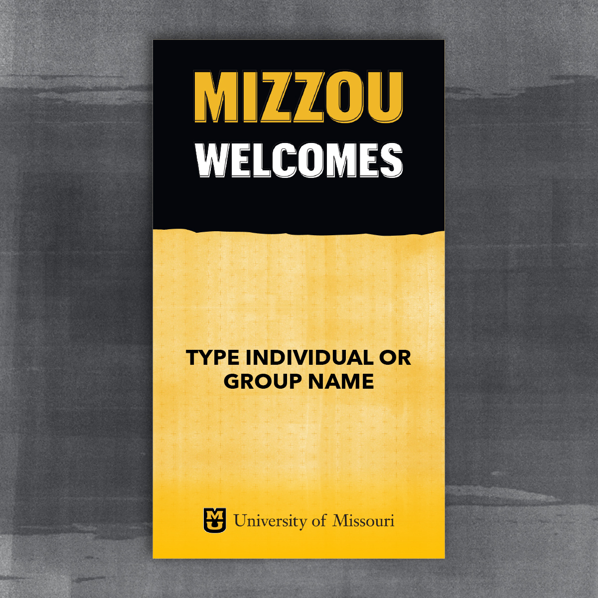 Vertical Mizzou Welcomes LED template. Black page tear header and gold plus background
