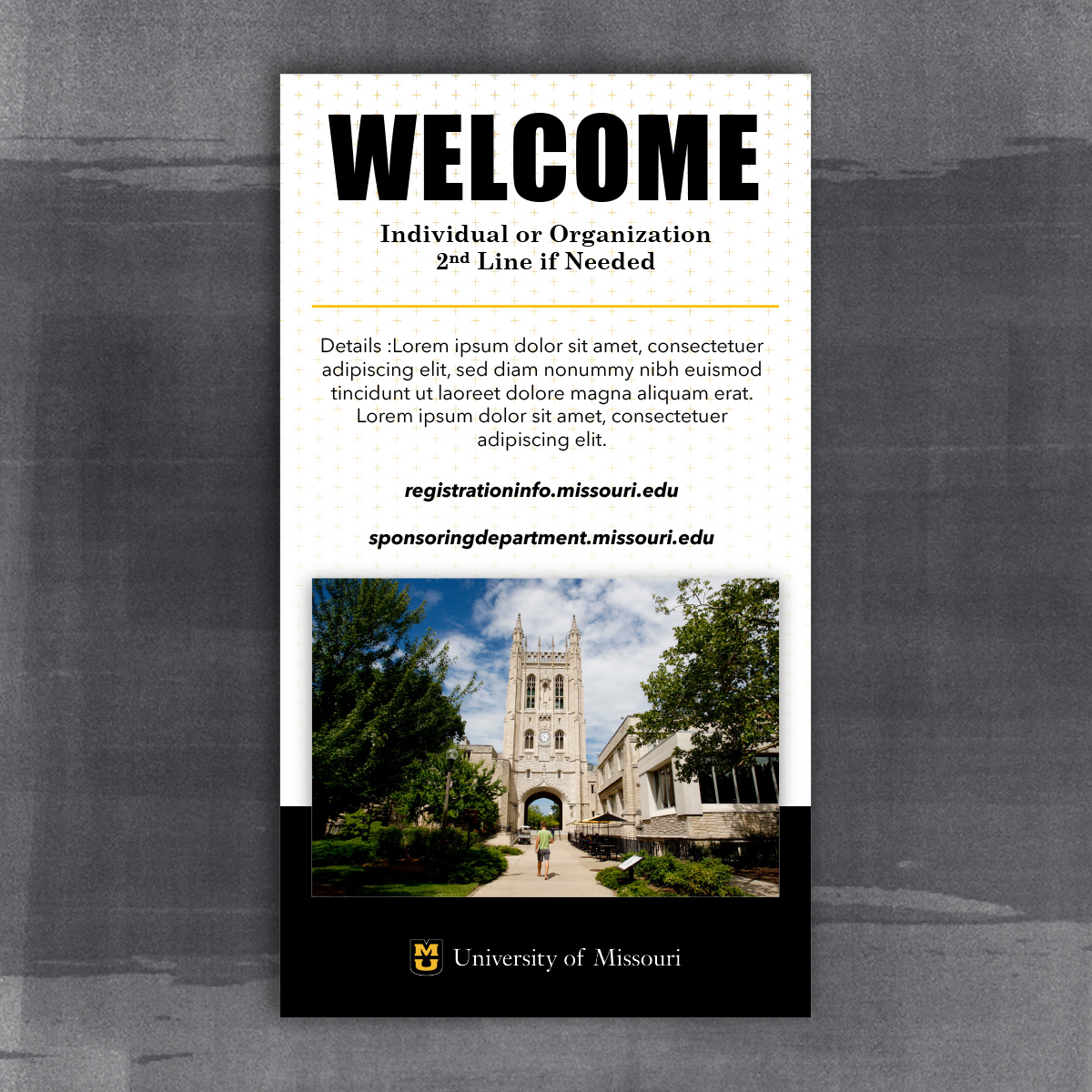 Vertical welcome LED with photo overlapping a black footer and gold plus background