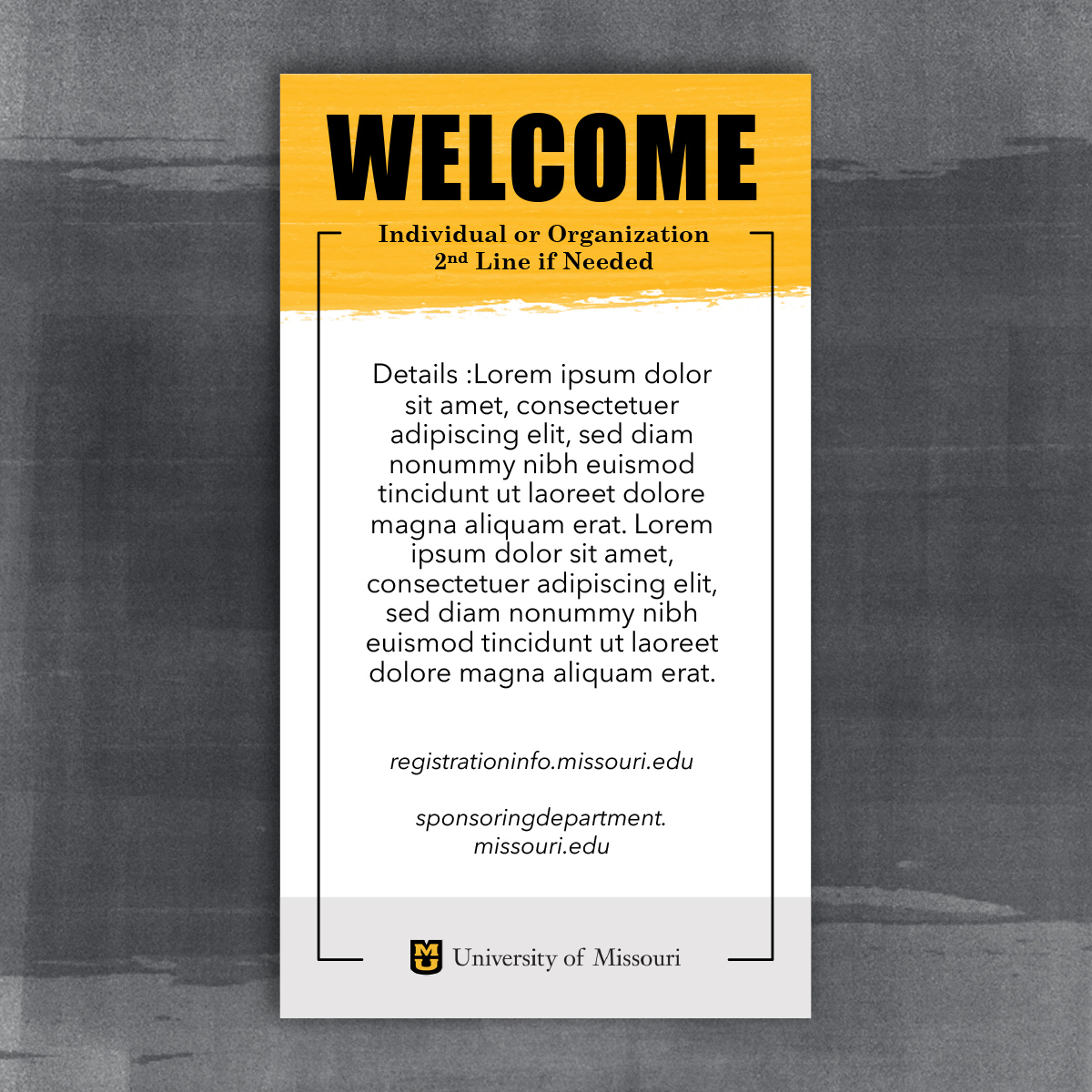 Vertical welcome LED with gold paint stroke header, grey footer and black line frame