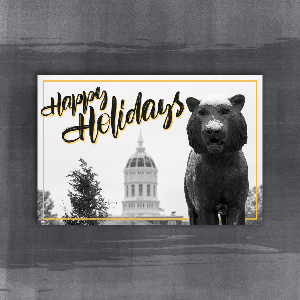 Happy Holidays Card with photograph of tiger statue and Jesse Hall