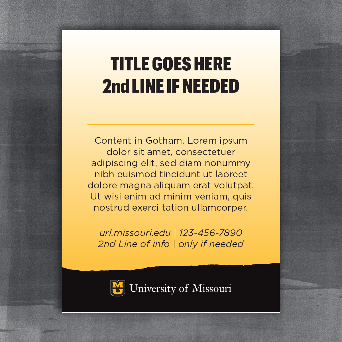 Branded signage with gold gradient background and black page tear