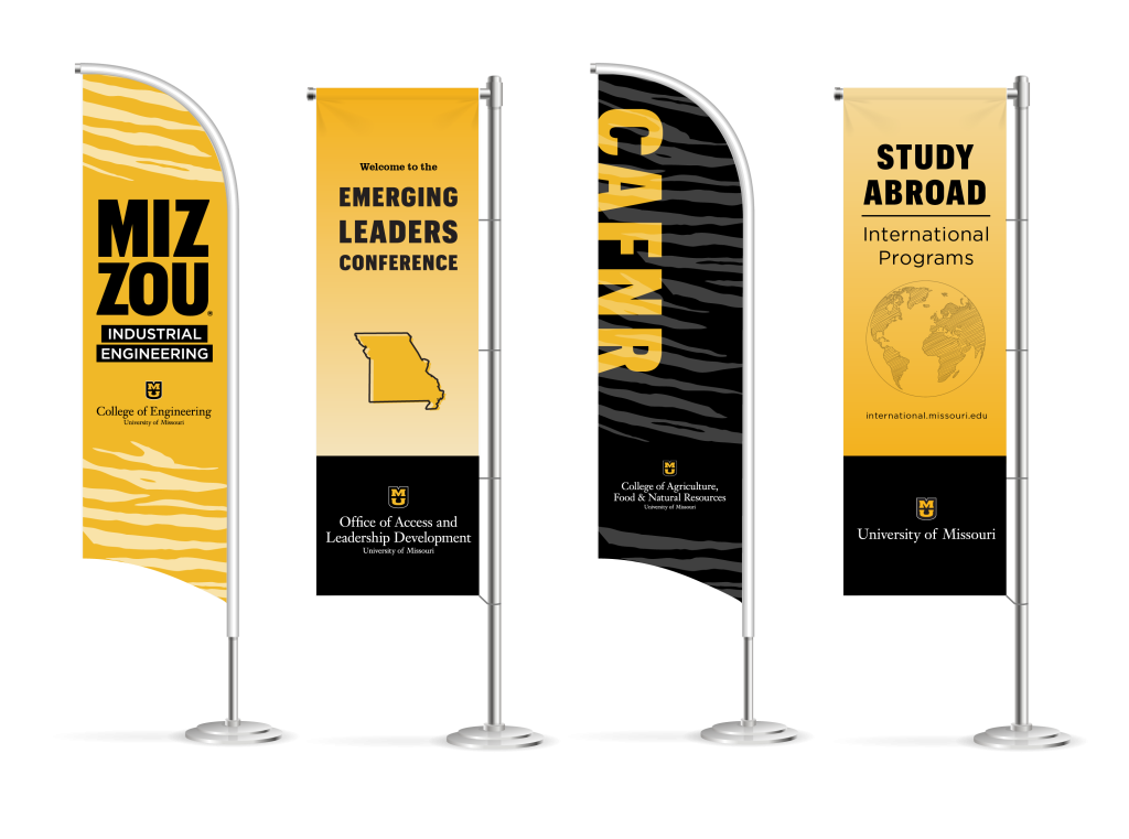 Four banner flags with University or Unit signatures and area-specific text.