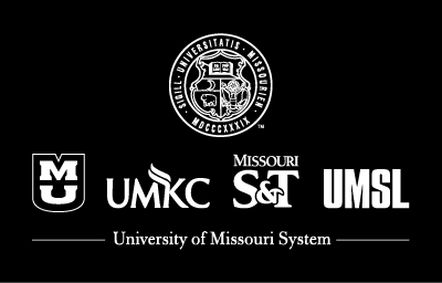 Vertical UM System logo lockup with the UM Seal above all four campus logos: University of Missouri-Columbia, University of Missouri-Kansas City, Missouri Science and Technology, University of Missouri-St. Louis on a black background