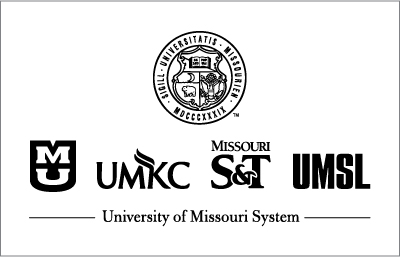 All black, vertical UM System logo lockup with the UM Seal above all four campus logos: University of Missouri-Columbia, University of Missouri-Kansas City, Missouri Science and Technology, University of Missouri-St. Louis