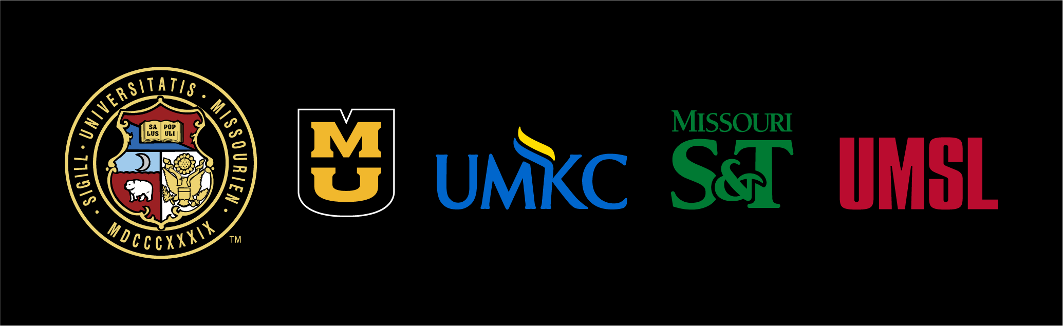 Horizontal UM System logo lockup with the UM Seal to the left of all four campus logos: University of Missouri-Columbia, University of Missouri-Kansas City, Missouri Science and Technology, University of Missouri-St. Louis on a black backround