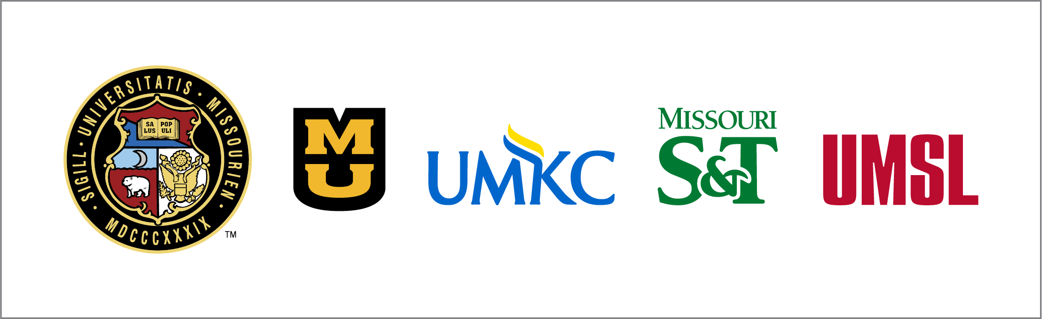 Horizontal UM System logo lockup with the UM Seal to the left of all four campus logos: University of Missouri-Columbia, University of Missouri-Kansas City, Missouri Science and Technology, University of Missouri-St. Louis