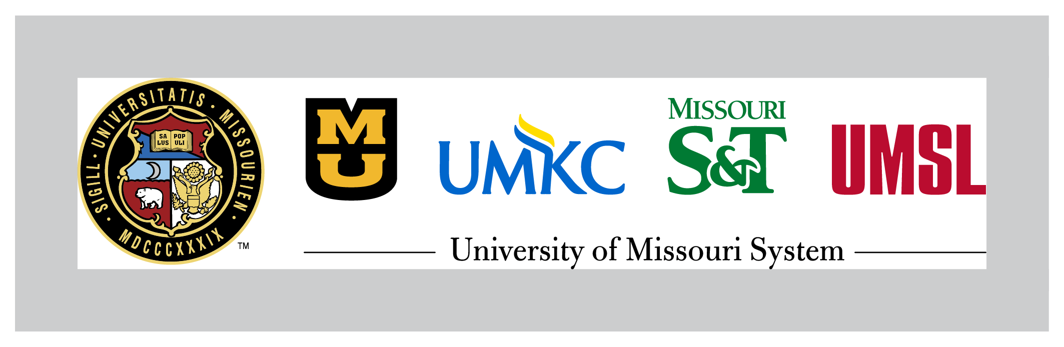 Horizontal UM System logo lockup with the UM Seal to the left of all four campus logos: University of Missouri-Columbia, University of Missouri-Kansas City, Missouri Science and Technology, University of Missouri-St. Louis