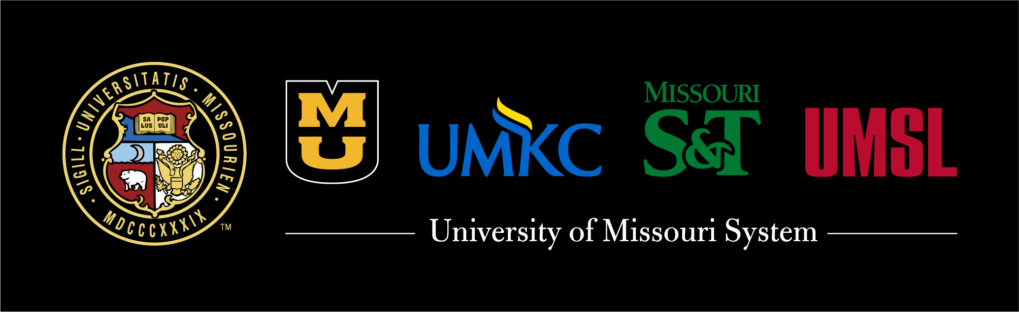 Horizontal UM System logo lockup with the UM Seal to the left of all four campus logos: University of Missouri-Columbia, University of Missouri-Kansas City, Missouri Science and Technology, University of Missouri-St. Louis on a black background
