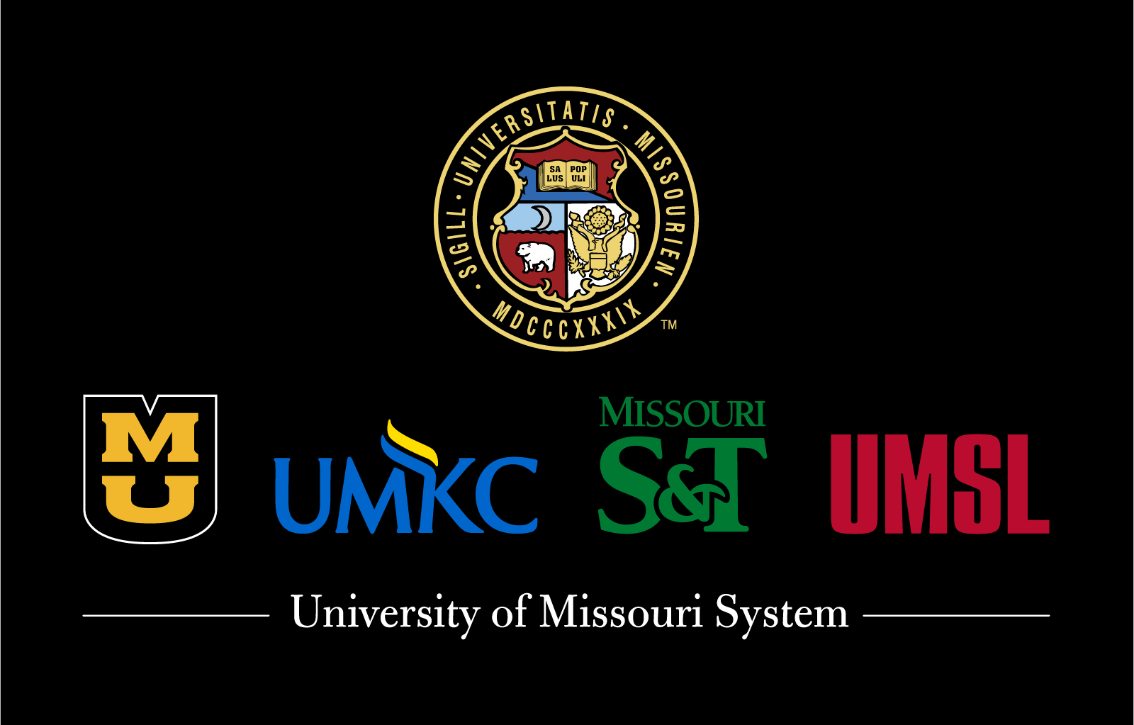 Vertical UM System logo lockup with the UM Seal above all four campus logos: University of Missouri-Columbia, University of Missouri-Kansas City, Missouri Science and Technology, University of Missouri-St. Louis