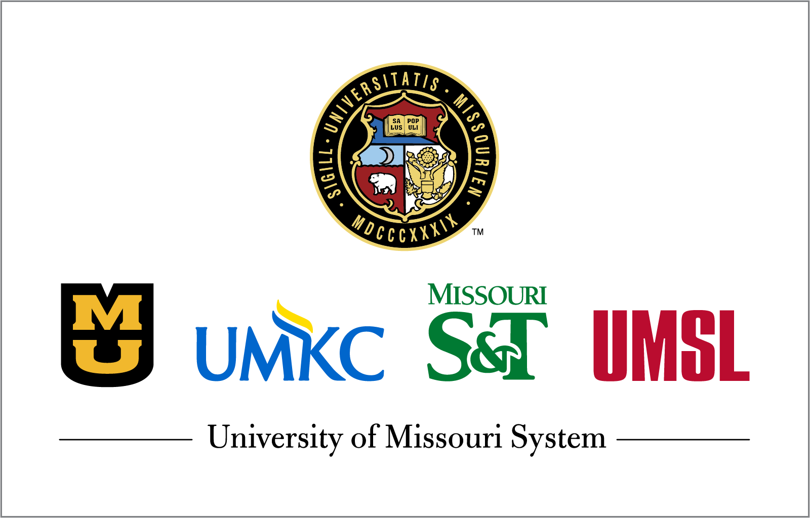 Vertical UM System logo lockup with the UM Seal above all four campus logos: University of Missouri-Columbia, University of Missouri-Kansas City, Missouri Science and Technology, University of Missouri-St. Louis