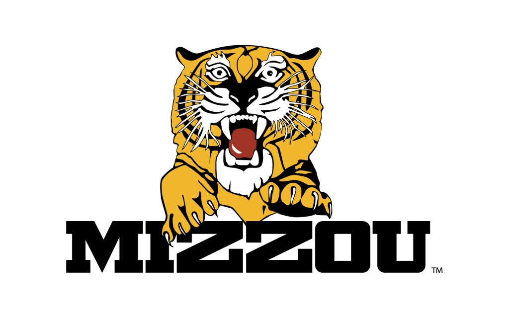 Vintage mark - a tiger leaping head on over the wordmark 'Mizzou'.