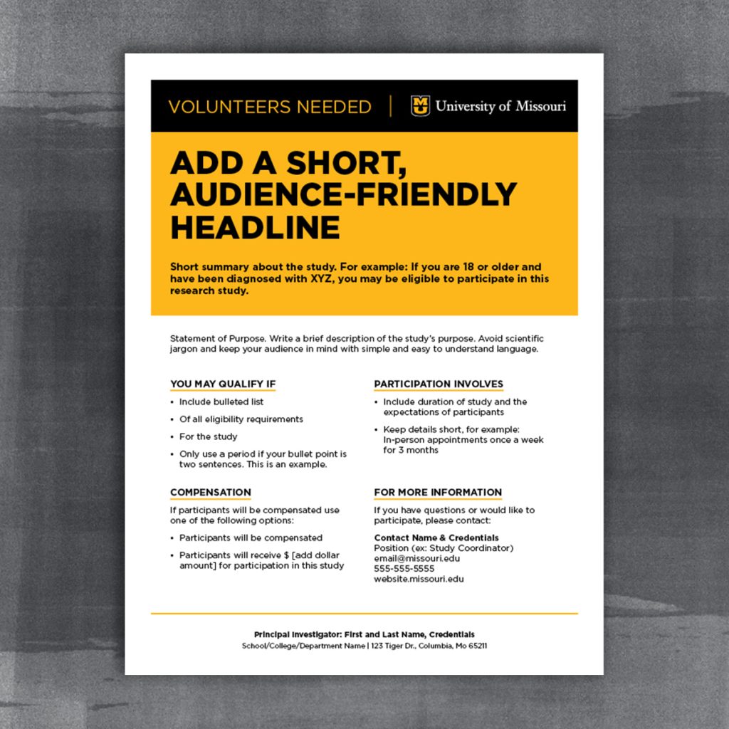 Research flyer template with gold header box and two columns for text.
