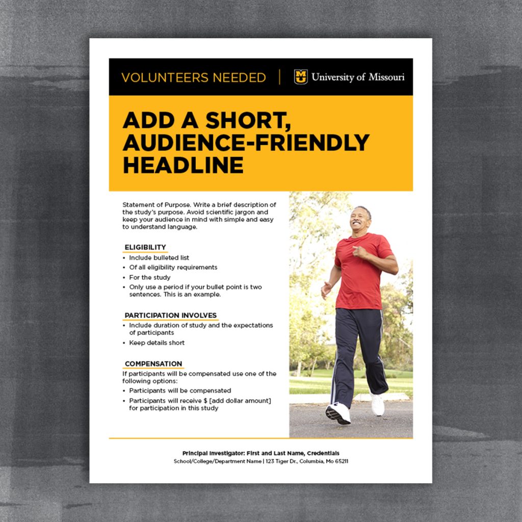 Research flyer template with black bar, gold header box, and right-column photo.