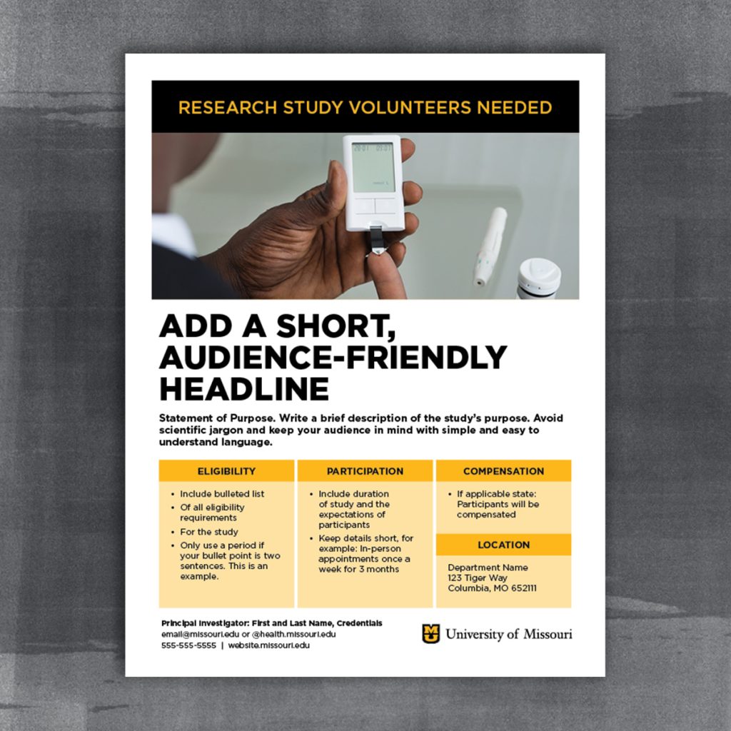 Research flyer template with a black bar, photo and gold boxes.