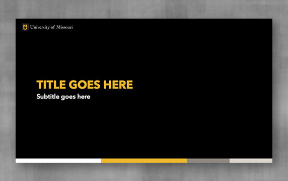 Powerpoint template with black background and thin line of white, gold, and gray boxes at bottom
