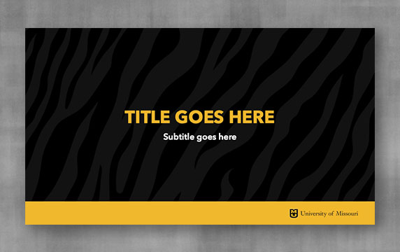 Powerpoint template with a black tiger-striped background and gold bar footer