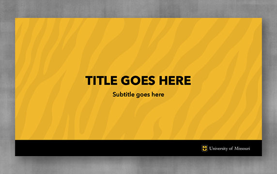 Powerpoint template with a gold tiger-striped background and black bar footer