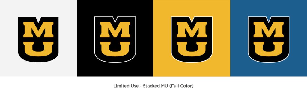 Stacked MU logo consisting of a white outline, black shield, and gold "MU" on different color backgrounds to show approved color variations.