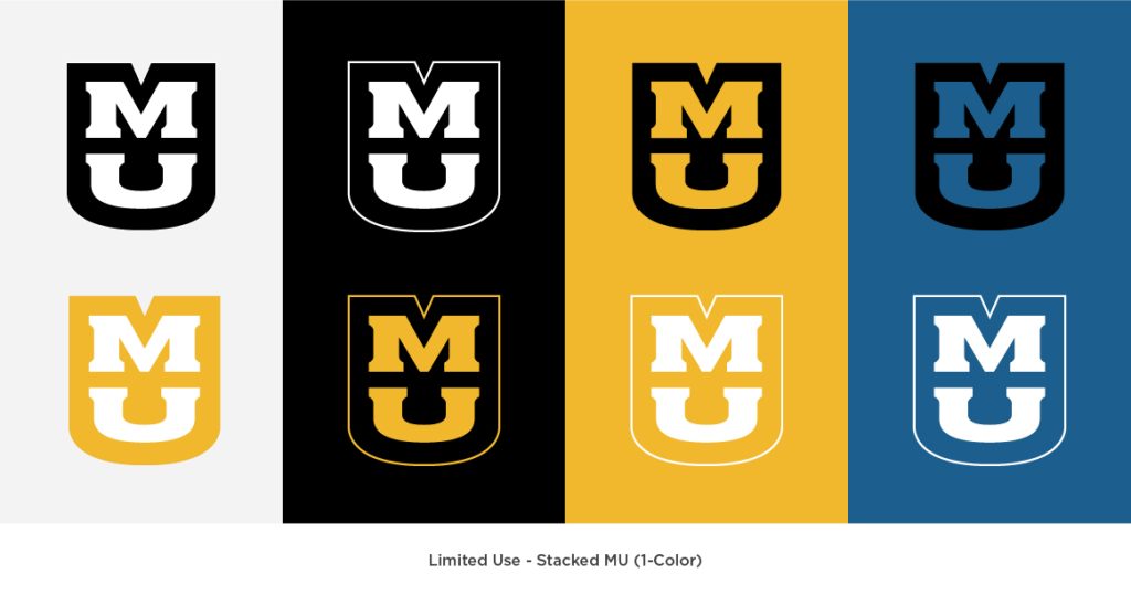 One-color stacked MU logo consisting of an outline, black shield, and "MU" on different color backgrounds to show approved color variations.