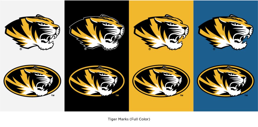 Full color variations of the spirit tiger head and athletic tiger head on different color backgrounds. 